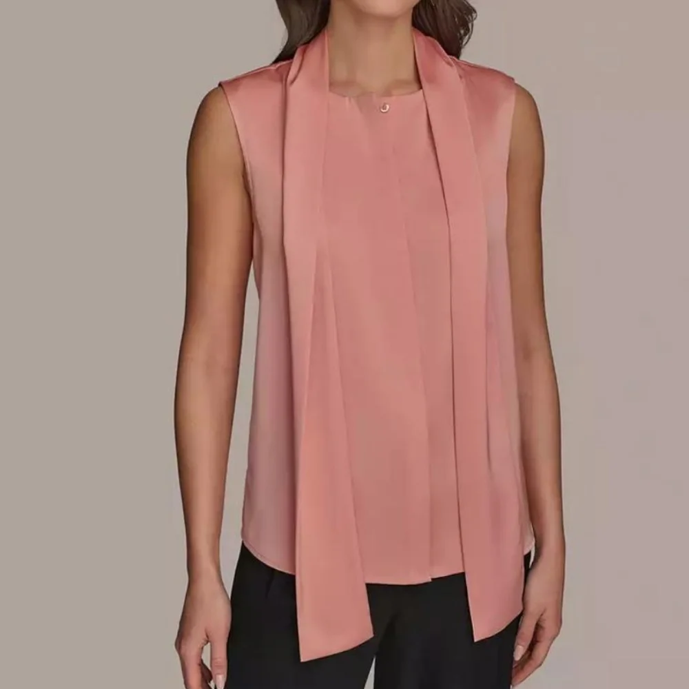 Donna Karan peach satin sleeveless tie neck detail hidden button down blouse - Picture 2 of 14
